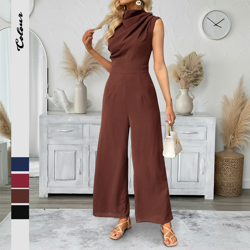 Damen eleganter Jumpsuit mit hohem Kragen und weit geschnittenem Bein Drune
