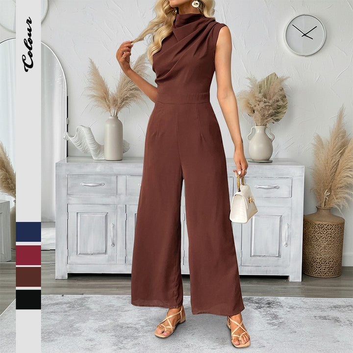 Damen eleganter Jumpsuit mit hohem Kragen und weit geschnittenem Bein Drune