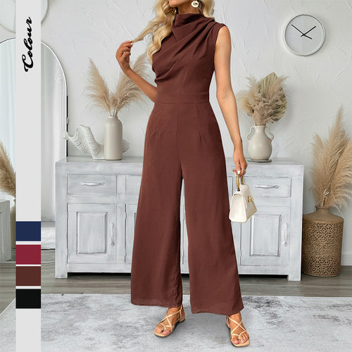 Damen eleganter Jumpsuit mit hohem Kragen und weit geschnittenem Bein Drune