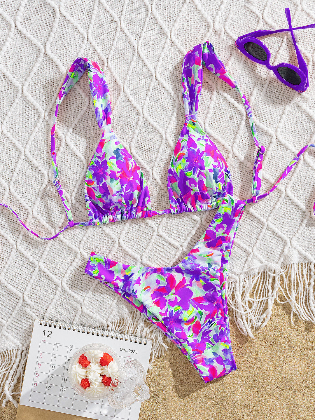 Damen Triangel-Bikini mit buntem Blumendesign und verstellbaren Trägern Drune