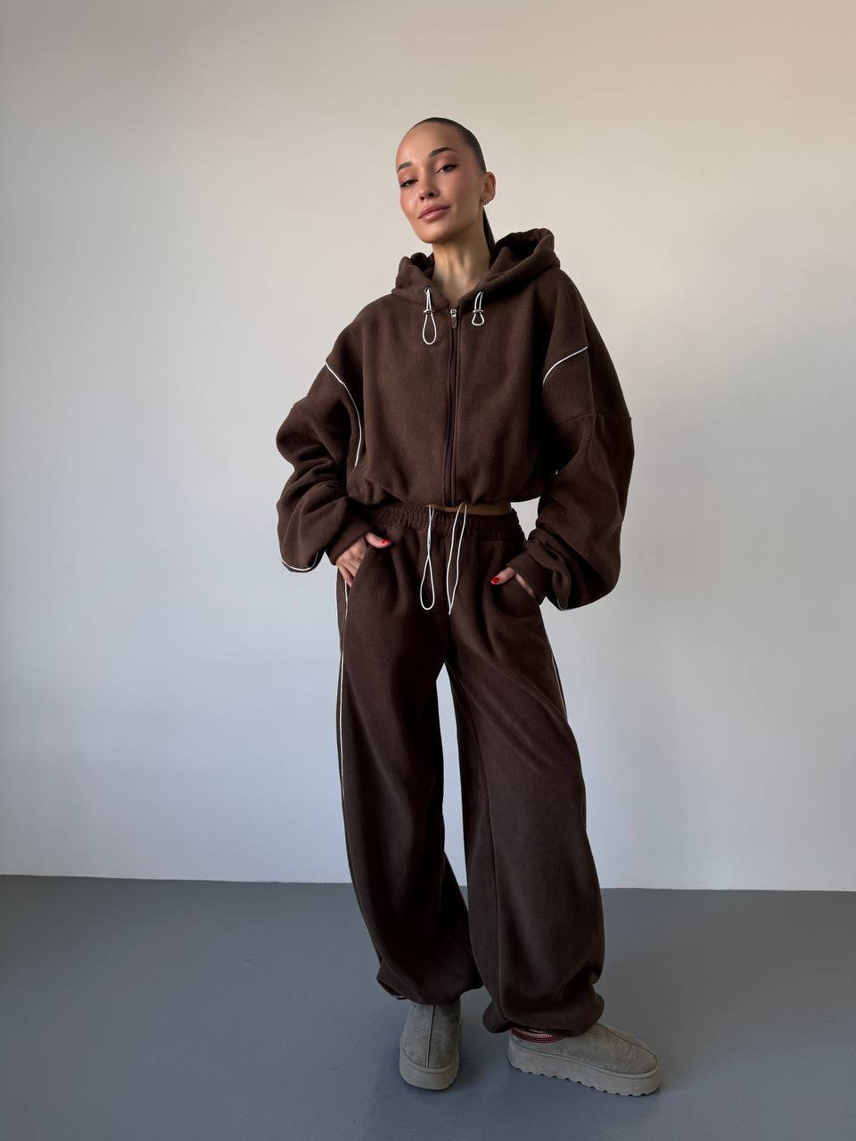 Damen lässiges Fleece-Set mit Kapuze und elastischem Bund Drune