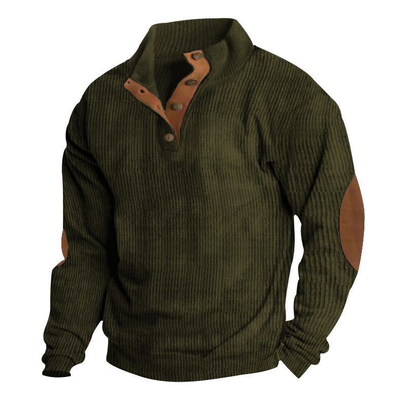Herren nan grober Rippstrick-Pullover mit Stehkragen, Knopfleiste und markanten Ellenbogenpatches Drune