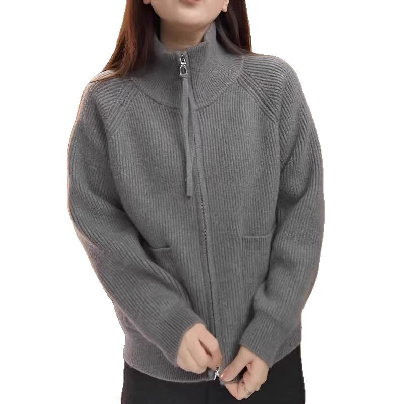 Damen lässiger Zip-Pullover mit strukturiertem Rippenmuster Drune
