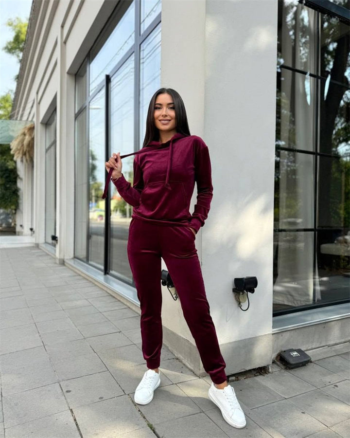 Damen elegantes Velours-Loungewear-Set mit Kapuze und elastischen Bündchen Drune