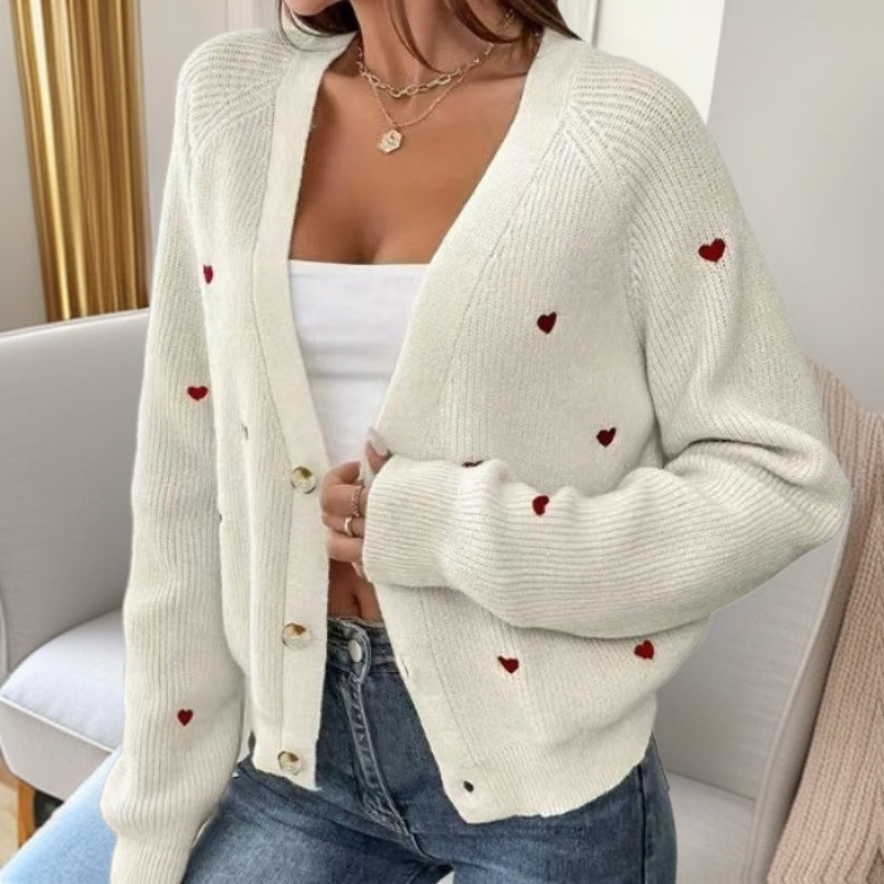 Damen lässige Strickjacke mit Herzapplikationen und tiefem V-Ausschnitt Drune