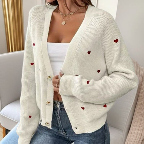 Damen lässige Strickjacke mit Herzapplikationen und tiefem V-Ausschnitt Drune