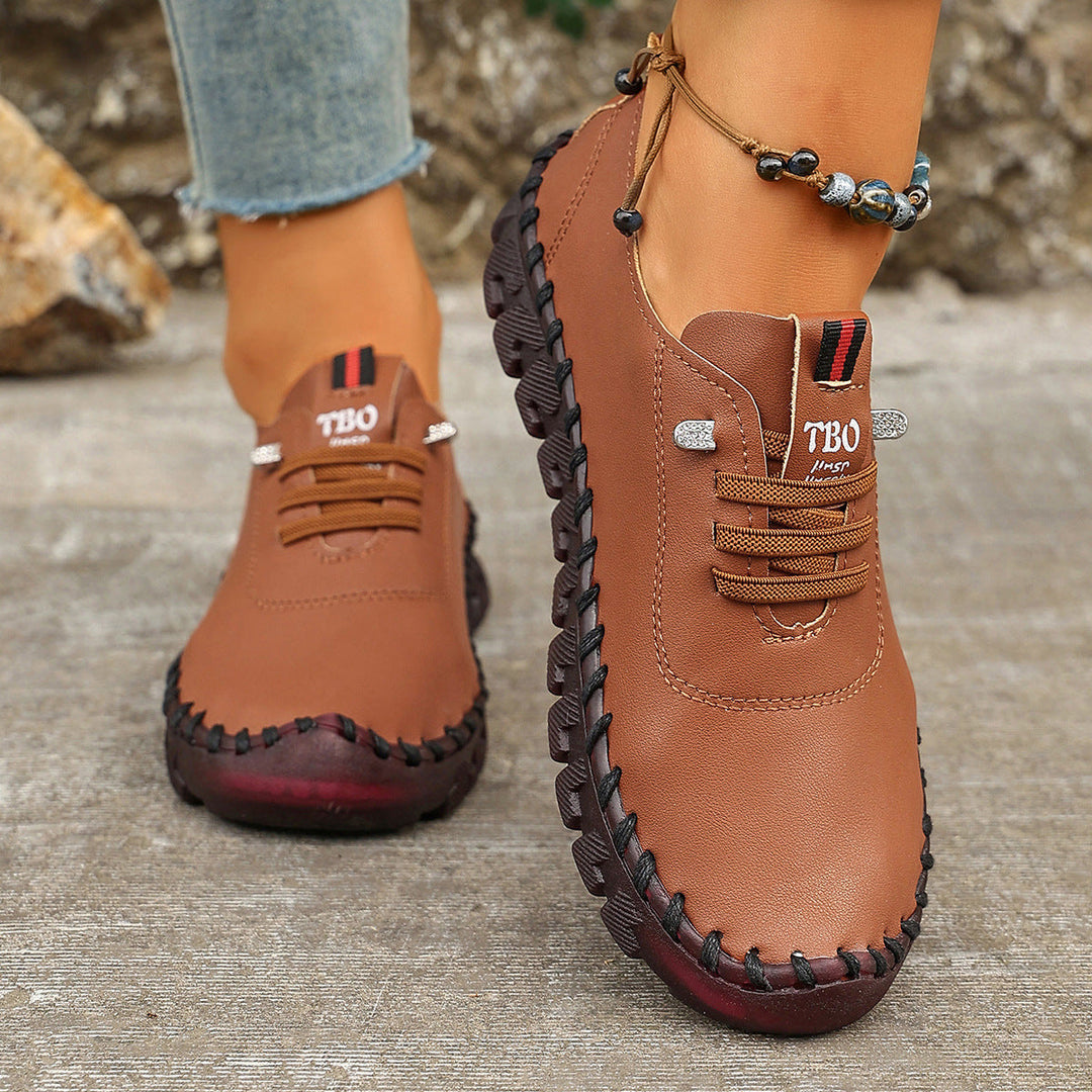 Damen Freizeit-Leder-Sneaker mit elastischen Schnürsenkeln und rutschfester Sohle Drune