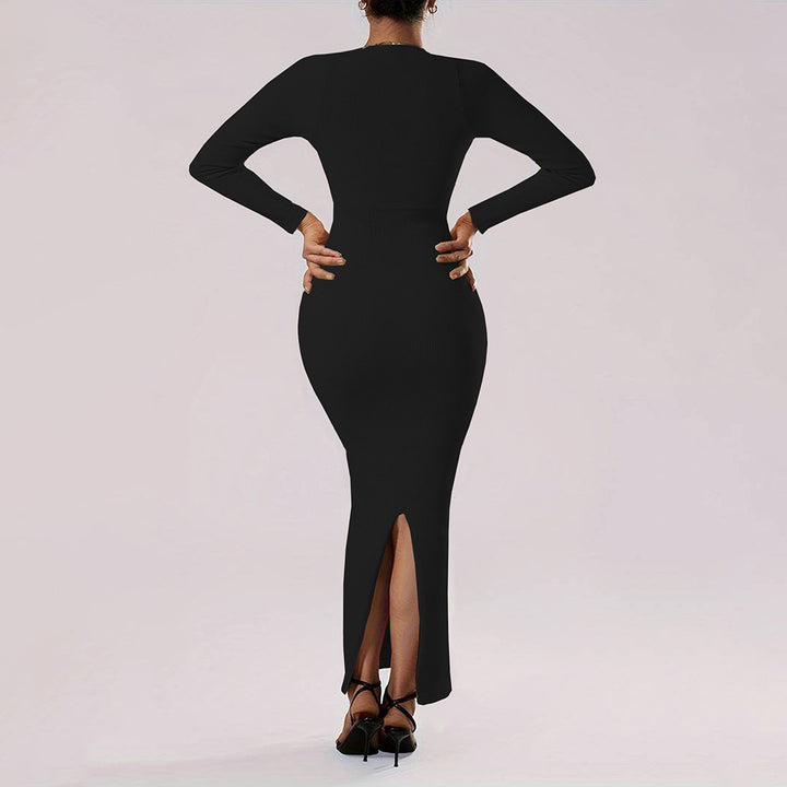 Damen Langarm Maxikleid mit tiefem Ausschnitt und figurfreundlichem Schnitt Drune
