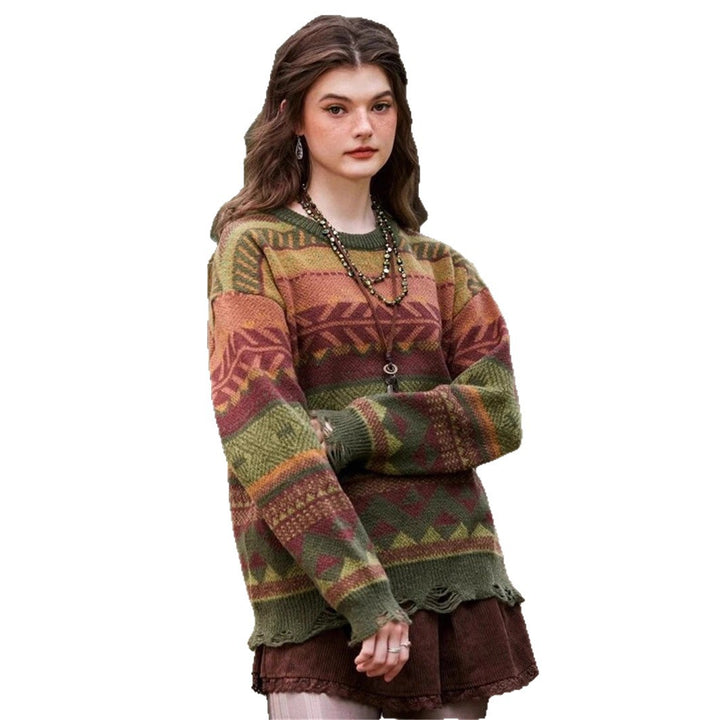 Damen Gemusterter Pullover im Boho-Stil mit fransigem Saum Drune