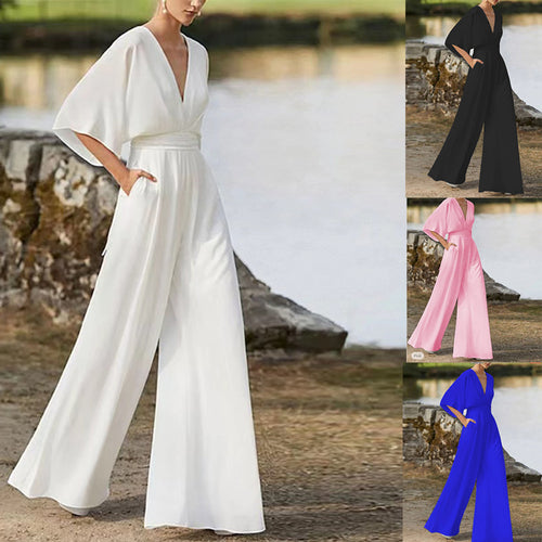 Damen Jumpsuit mit tiefem V-Ausschnitt und weit geschnittenen Beinen Drune