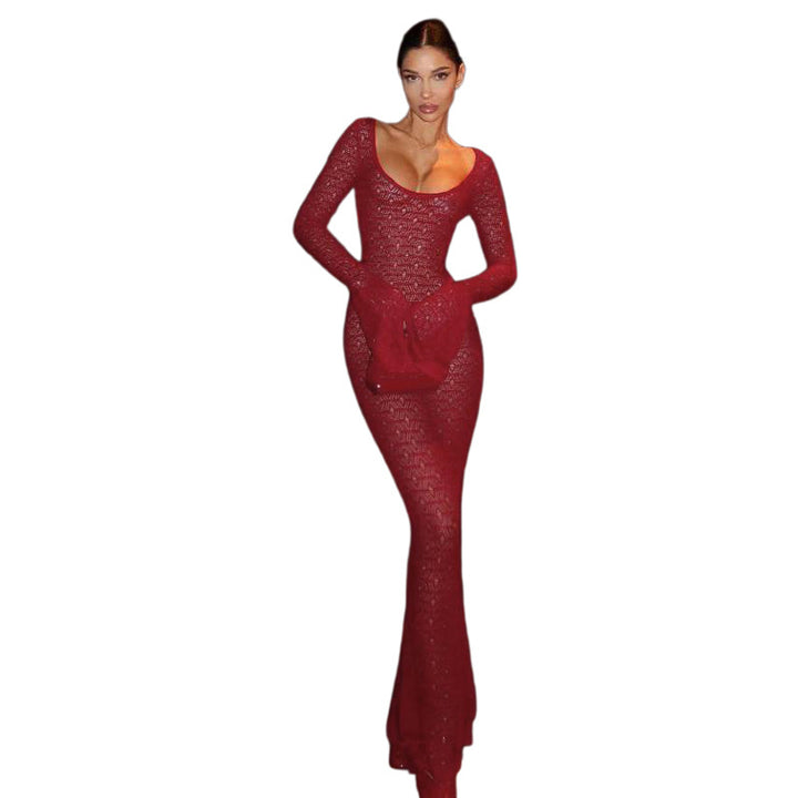 Damen Strickmaxikleid mit langen Ärmeln und großflächigem Häkelmuster Drune
