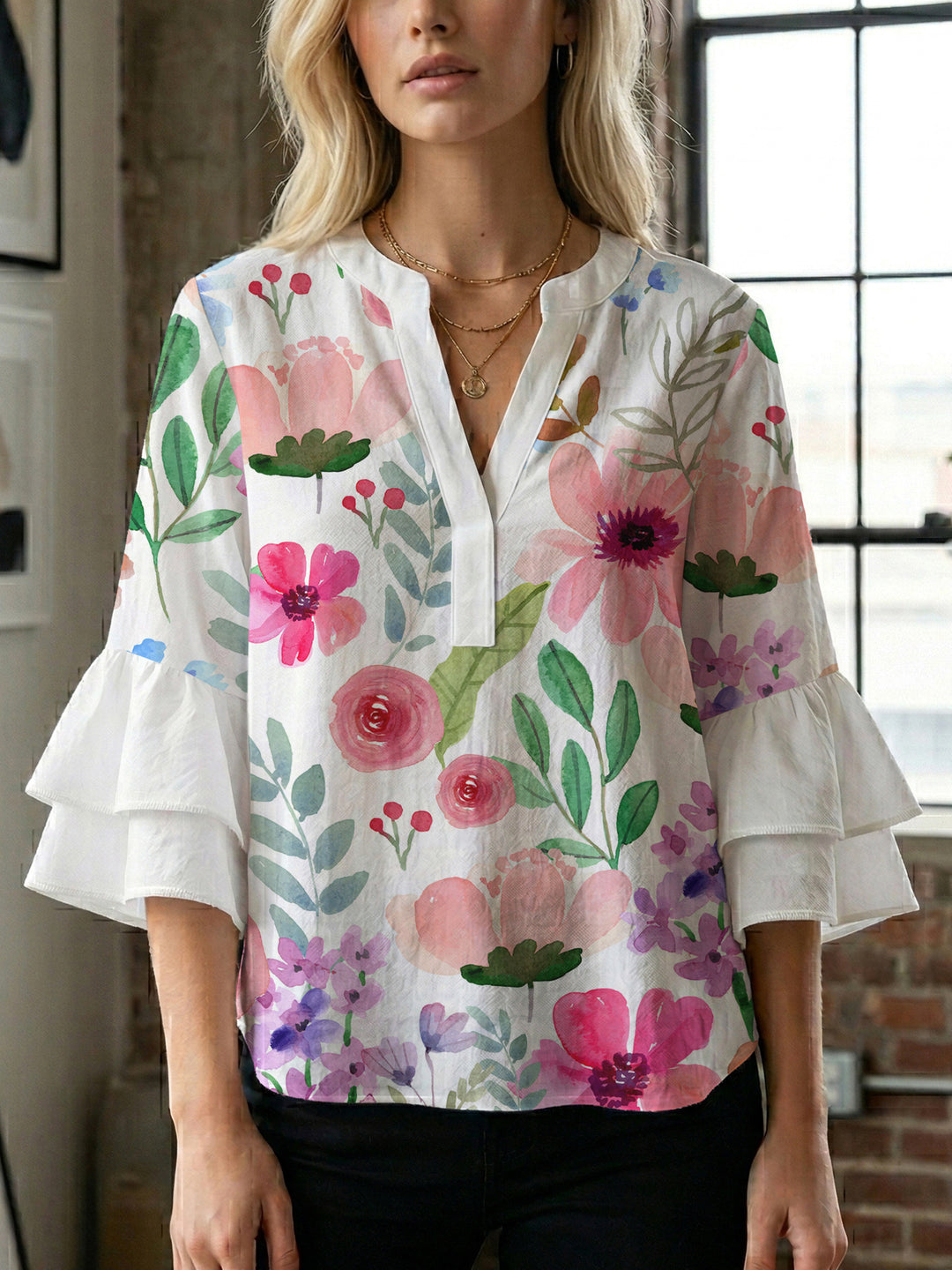Damen elegantes Oberteil mit voluminösen Rüschensäumen und floralem Design Drune