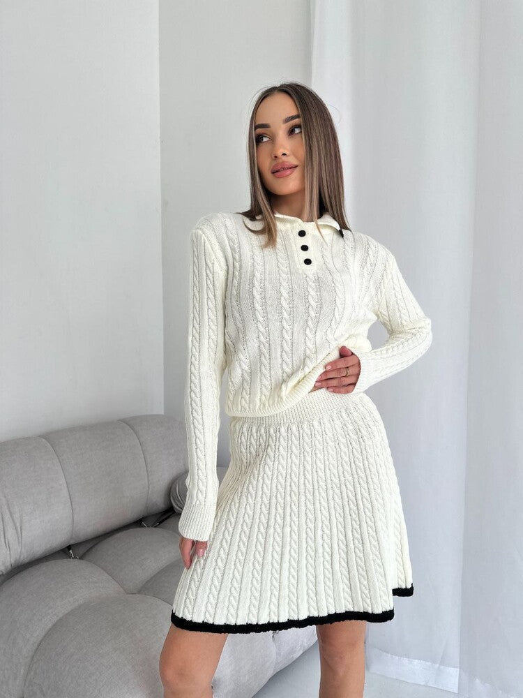 Damen nan Kabelstrick-Set mit Polo-Kragen und ausgestelltem A-Linien-Rock Drune