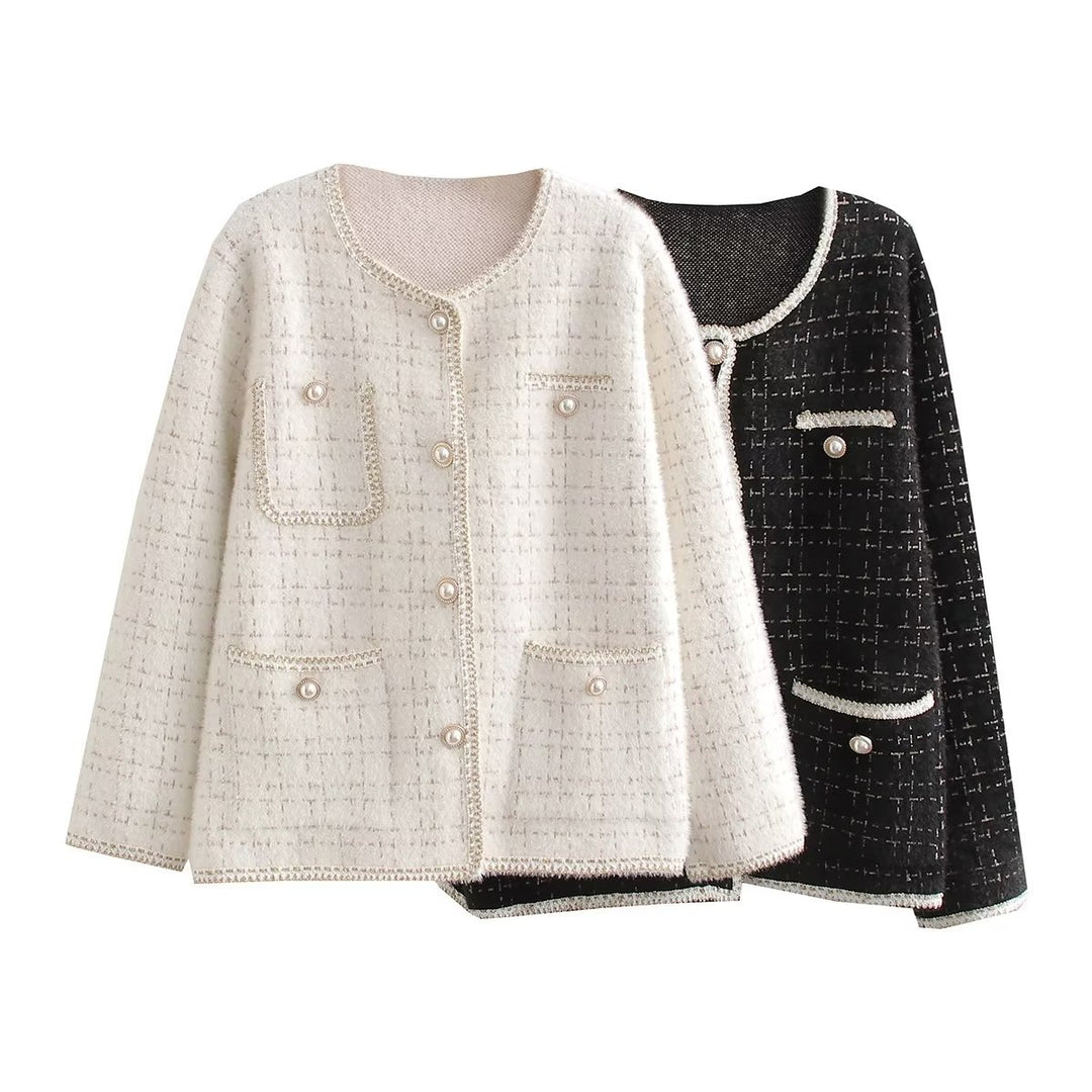 Damen Strukturierte Bouclé-Jacke mit dekorativen Perlen und Taschen Drune