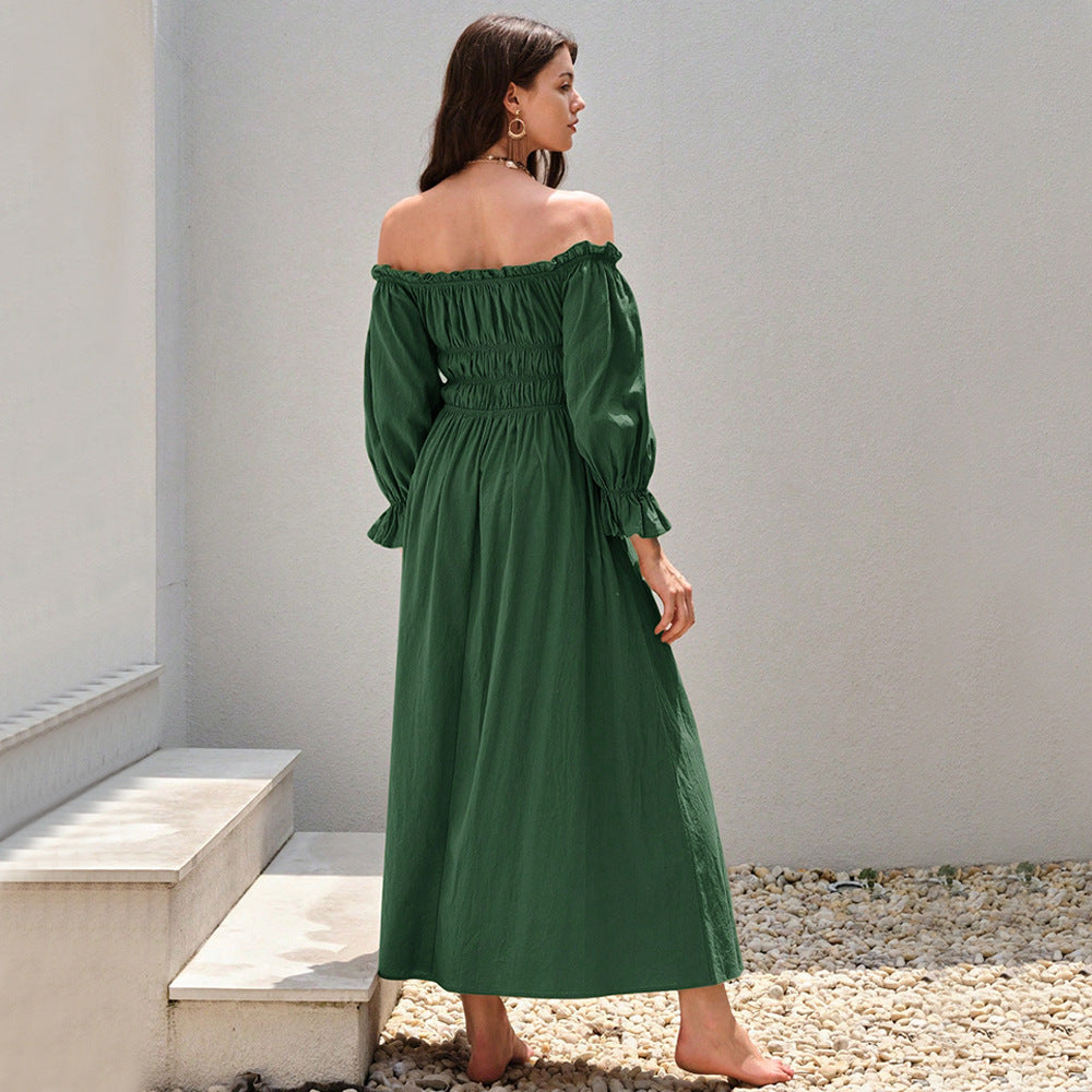 Damen Maxi-Kleid im eleganten Off-Shoulder-Stil mit gerafften Puffärmeln Drune