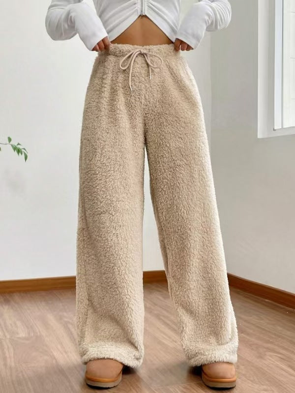 Damen nan hochtaillierte Teddyfleece-Loungehose mit weitem Bein, Kordelzug und seitlichen Eingrifftaschen Drune