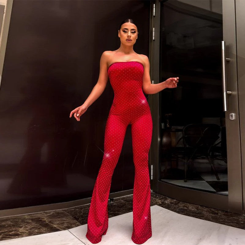 Damen schulterfreier Jumpsuit mit eleganten Pailletten und Schuhschnallen Drune