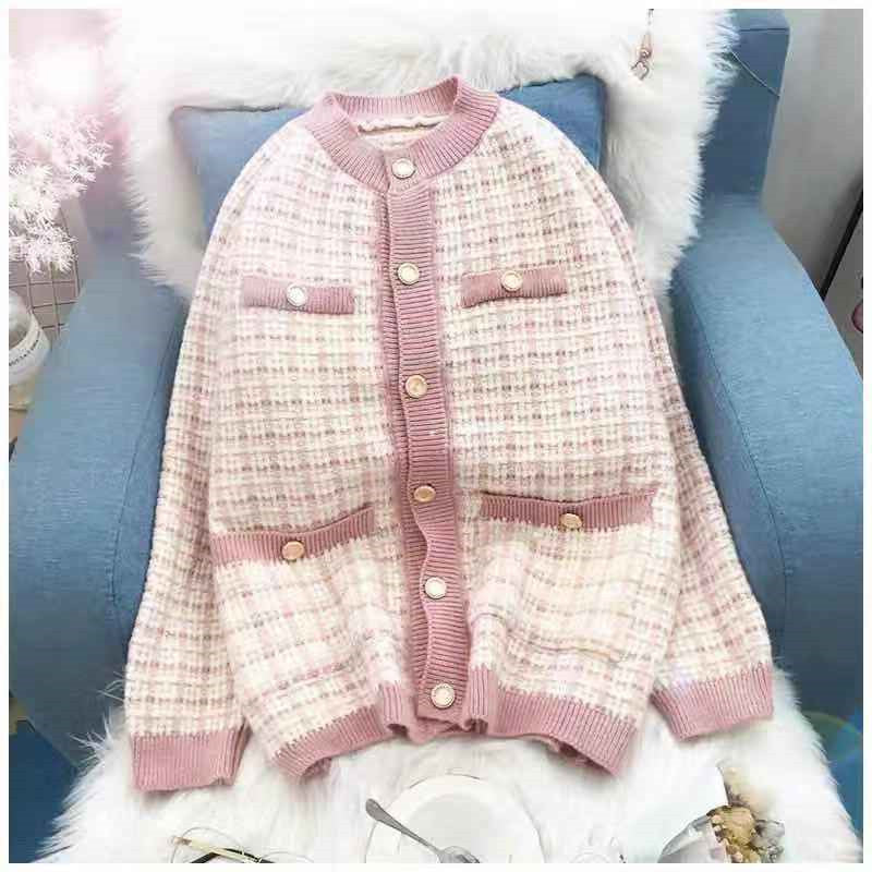 Damen Strickjacke mit Modischem Karomuster und Knopfdetails Drune