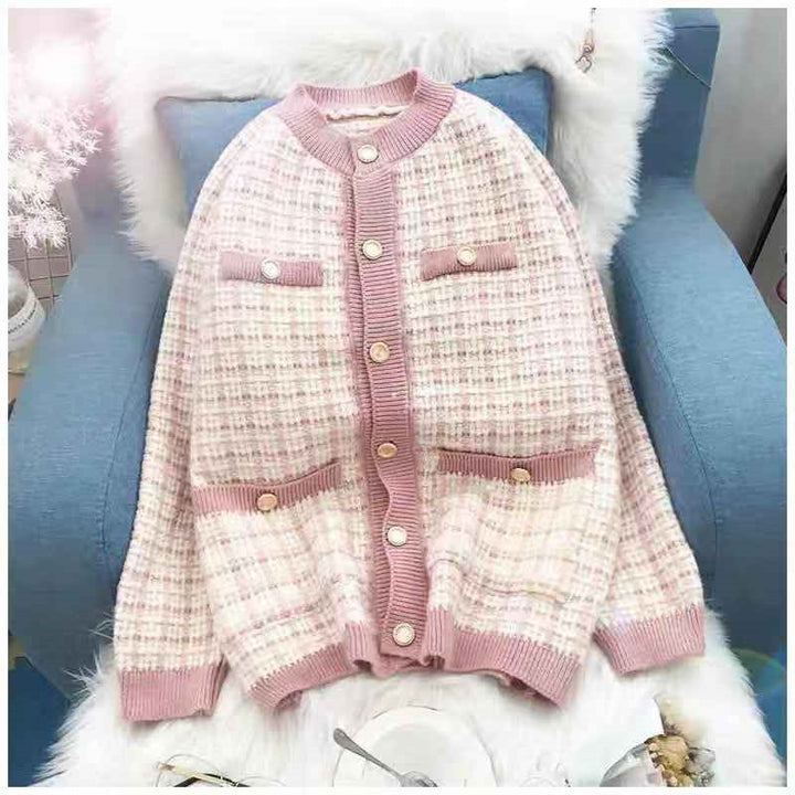 Damen Strickjacke mit Modischem Karomuster und Knopfdetails Drune