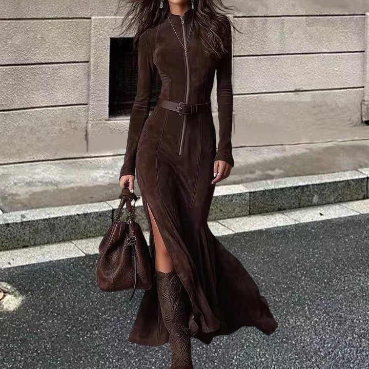 Damen Langarm Kleid mit Reißverschluss und seitlichen Schlitzen Drune