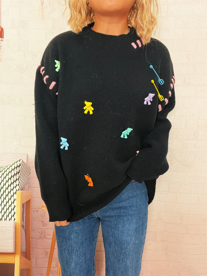 Damen Pullover mit verspieltem Bären-Motiv und dekorativen Applikationen Drune