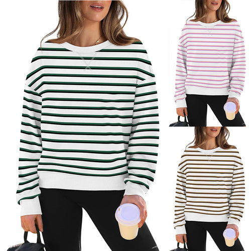 Damen lässiger Sweatshirt mit modernem Streifenmuster und Rundhalsausschnitt Drune