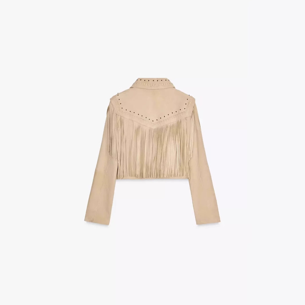 Damen modische Fransenjacke mit steinverziertem Kragen Drune