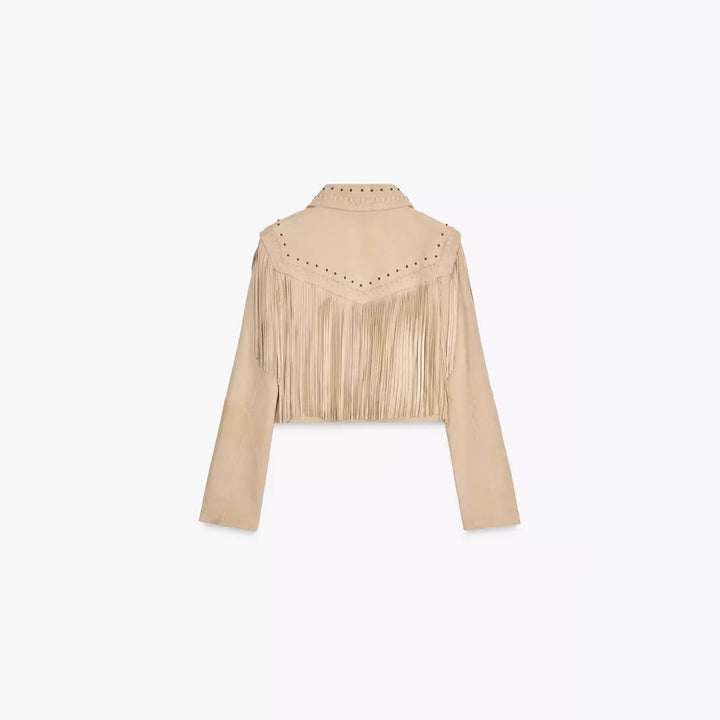 Damen modische Fransenjacke mit steinverziertem Kragen Drune