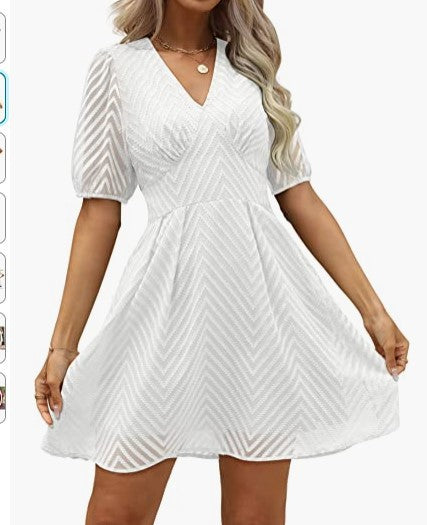 Damen Kleid mit gepufften ¾-Ärmeln und V-Ausschnitt Drune