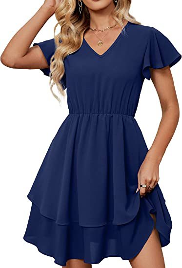 Damen Freizeitkleid mit fließendem Rock und Rüschenärmeln Drune