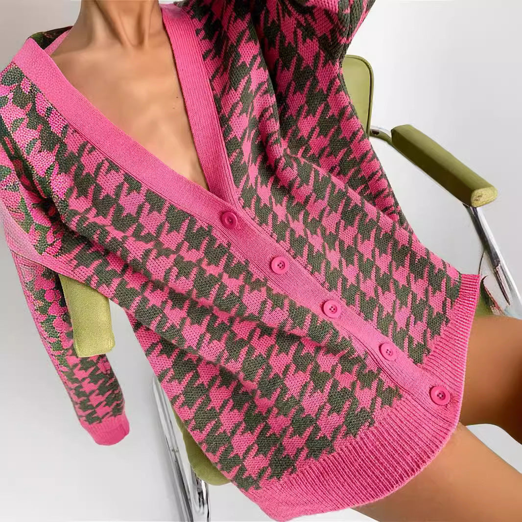 Damen Grobstrickpullover mit modernem Hahnentrittmuster und Knopfleiste Drune