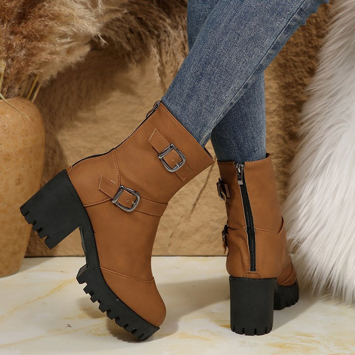 Damen nan klobige Biker-Ankleboots mit Profilsohle, dekorativen Doppelschnallen und seitlichem Reißverschluss Drune