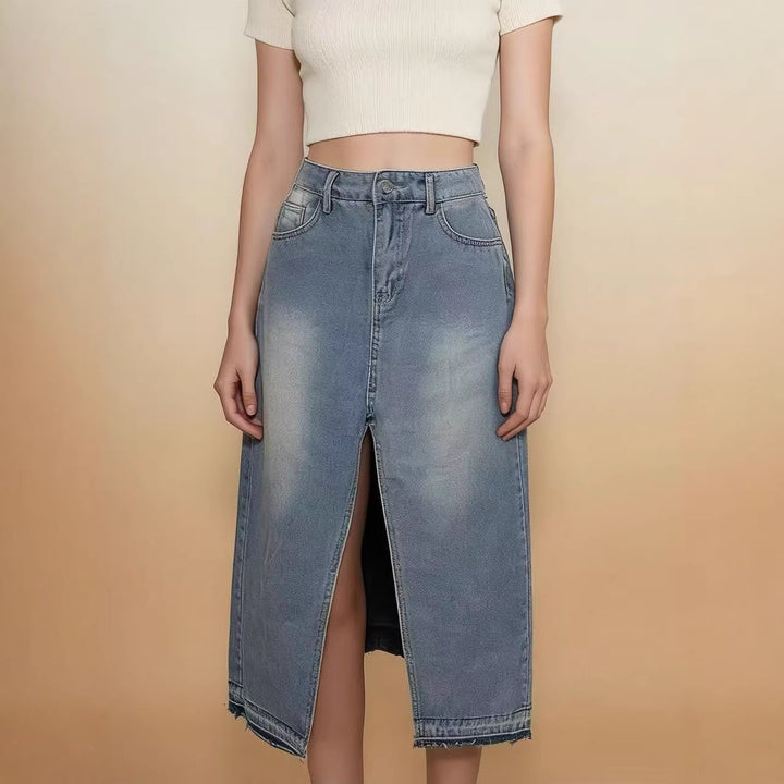 Damen Midi-Denim-Rock mit hohem Schlitz und fransigem Saum Drune