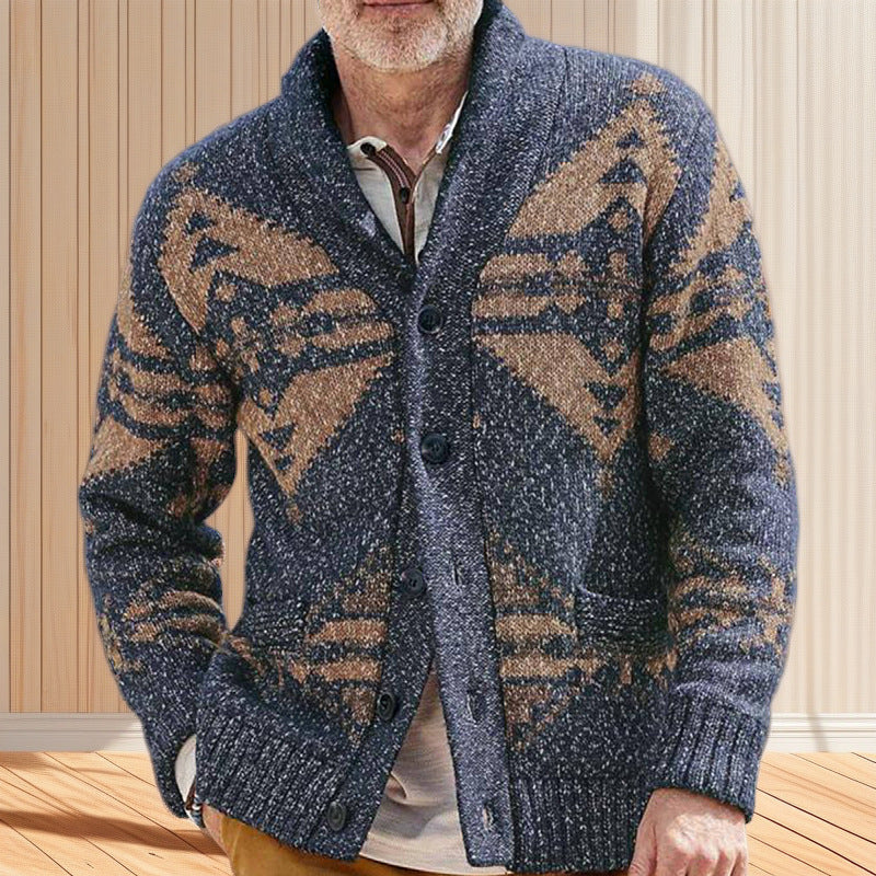 Herren Strickjacke mit einzigartigem geometrischen Muster und tiefem Kragen Drune