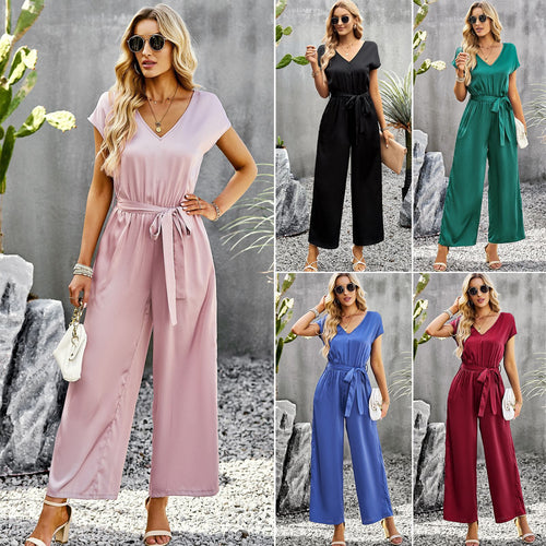 Damen eleganter Jumpsuit mit V-Ausschnitt und Bindegürtel Drune