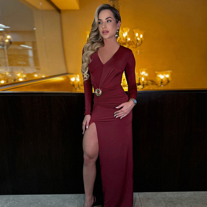 Damen elegantes langärmliges Abendkleid mit Raffung und hohem Schlitz Drune