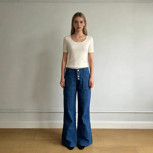 Damen Bootcut-Jeans mit hohem Bund und knöpfbarem Verschluss Drune