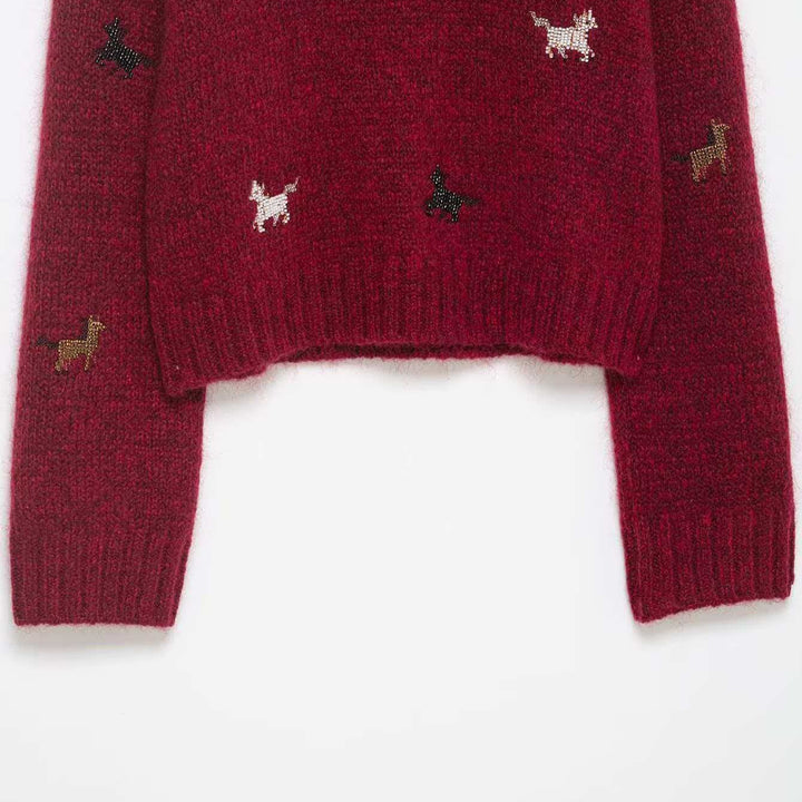 Damen nan kurzgeschnittener Grobstrick-Pullover mit Hundemotiv, Rundhalsausschnitt und elastischem Rippbund Drune