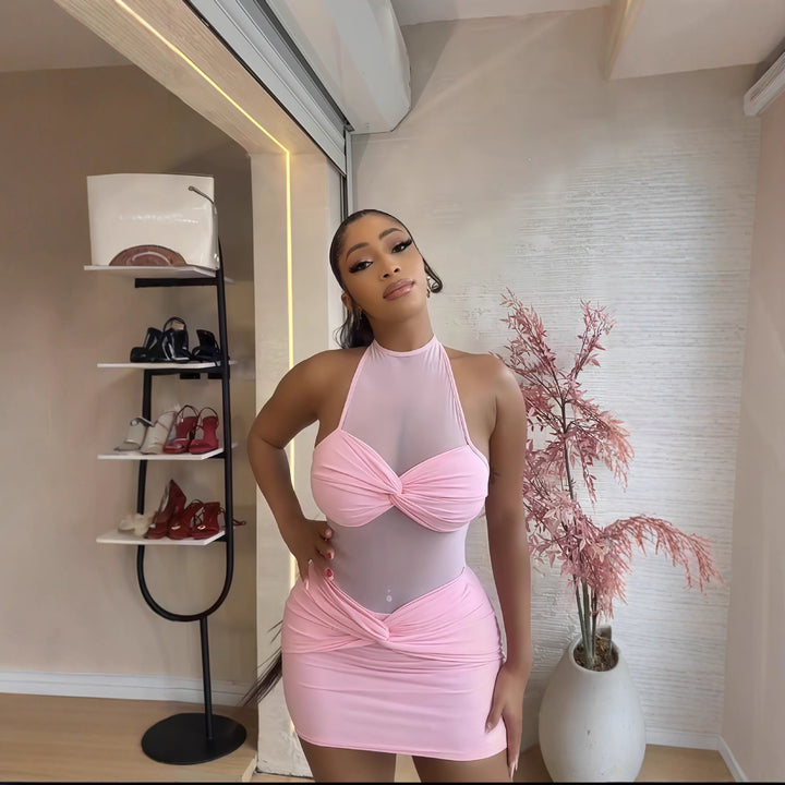 Damen Mini-Kleid mit Raffungen und transparentem Oberteil Drune