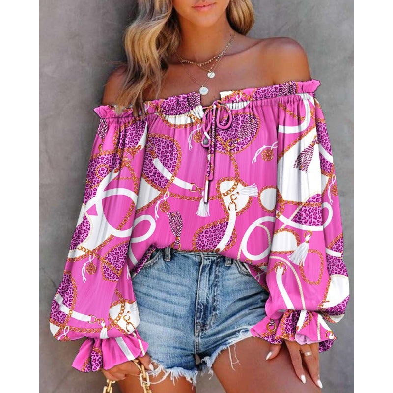 Damen Off-Shoulder Bluse mit buntem Muster und elastischem Saum Drune