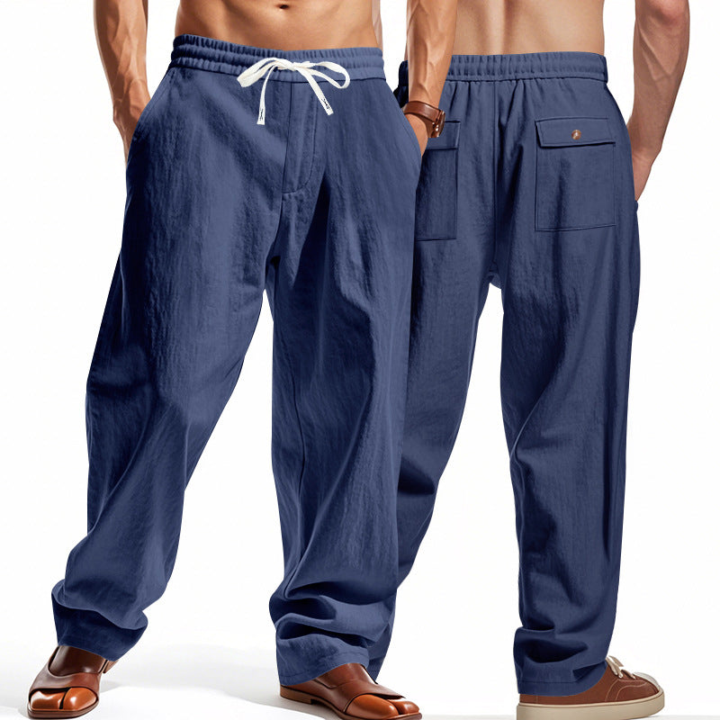 Herren nan lässige Leinen-Freizeithose mit elastischem Bund Kordelzug und aufgesetzten Gesäßtaschen Drune
