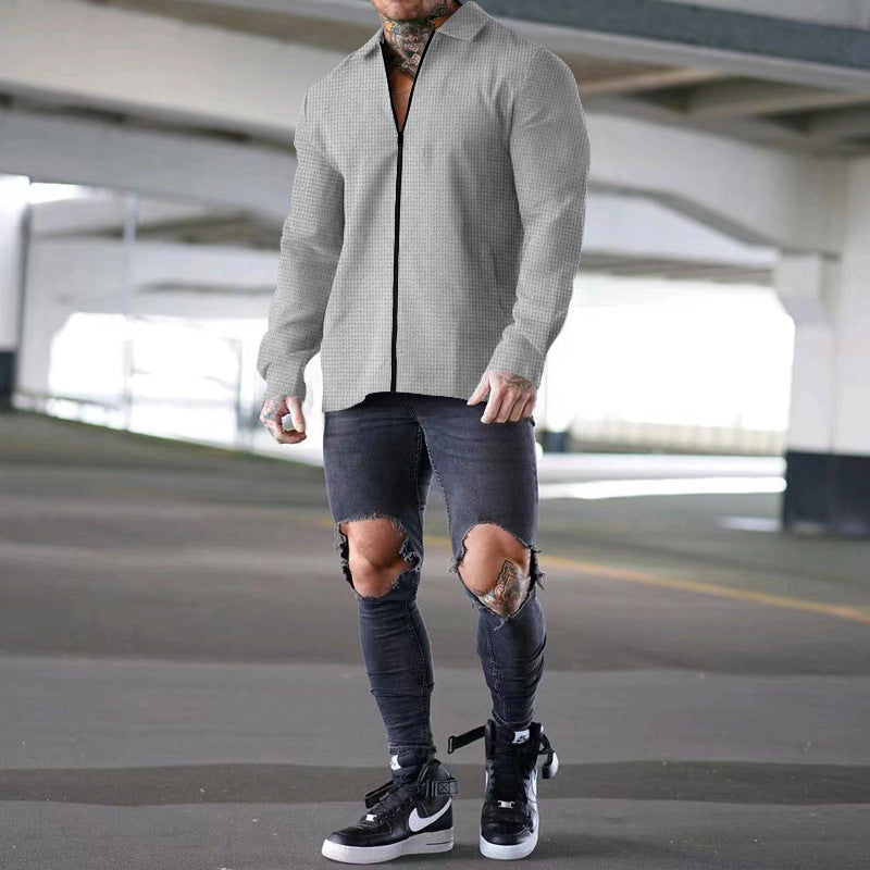Herren nan strukturierte Zip-Hemdjacke aus Waffelstrick mit Kentkragen und schmaler Silhouette Drune