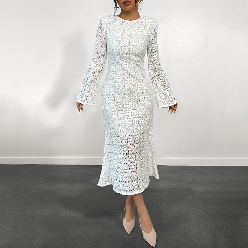 Damen Spitzenkleid mit elegantem V-Ausschnitt und voluminösen Ärmeln Drune