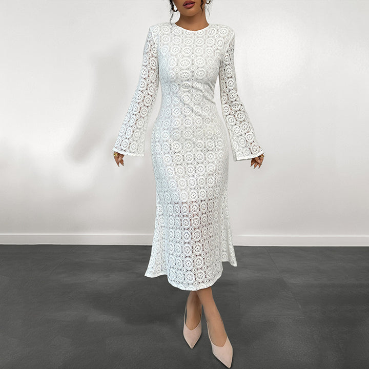 Damen Spitzenkleid mit elegantem V-Ausschnitt und voluminösen Ärmeln Drune