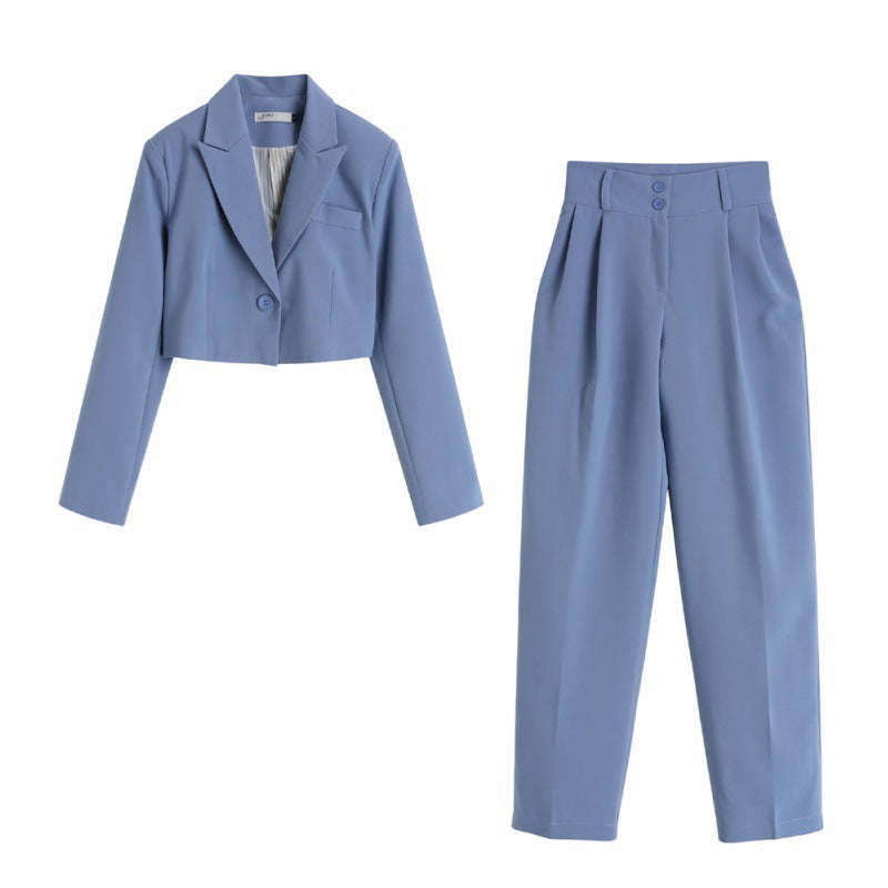Damen elegantes und modernes Blazer-Set mit taillierter Jacke und weiten Hosen Drune