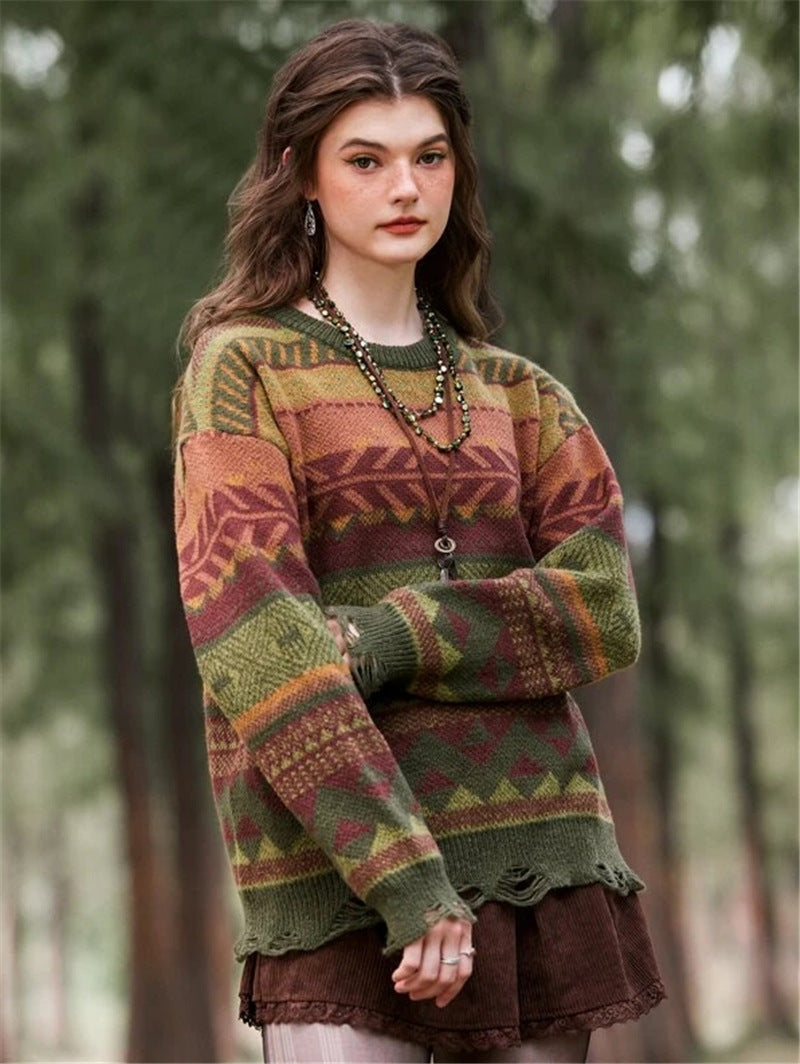 Damen Gemusterter Pullover im Boho-Stil mit fransigem Saum Drune
