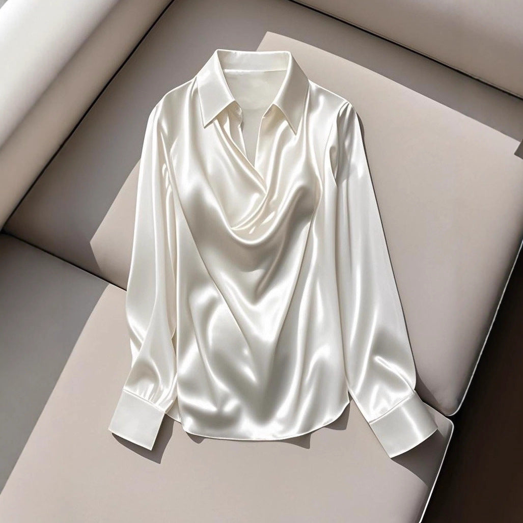Damen Seidene Bluse mit schickem Wasserfall-Ausschnitt und lange Ärmel Drune