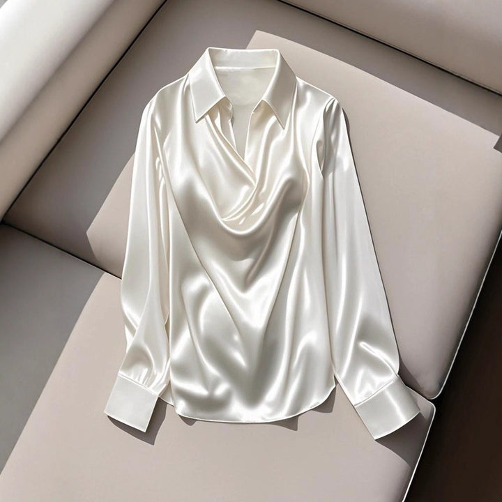 Damen Seidene Bluse mit schickem Wasserfall-Ausschnitt und lange Ärmel Drune