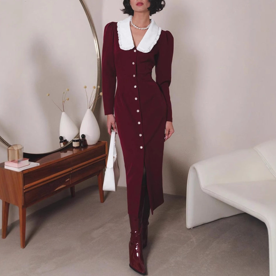 Damen Elegantes Maxikleid mit kontrastierendem Kragen und Knopfdetails Drune