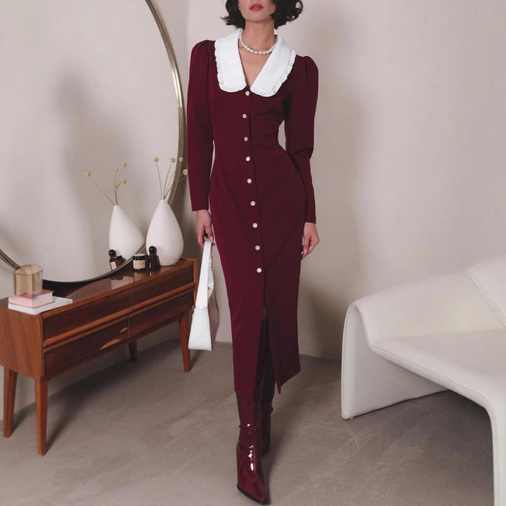 Damen Elegantes Maxikleid mit kontrastierendem Kragen und Knopfdetails Drune